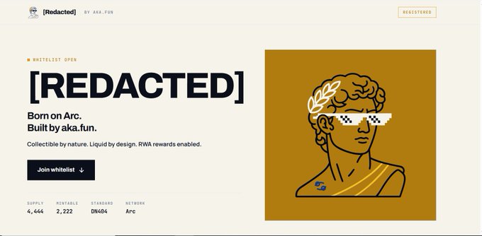 A webpage for an NFT collection titled '[Redacted]' by aka.fun, featuring a stylized illustration of a Greek/Roman bust with pixelated sunglasses and a laurel wreath on a gold background, with details showing Supply: 4,444, Mintable: 2,222, Standard: DN404, Network: Arc.