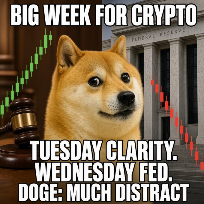A meme featuring a Shiba Inu dog with the text 'BIG WEEK FOR CRYPTO' at the top and 'TUESDAY CLARITY. WEDNESDAY FED. DOGE: MUCH DISTRACT' at the bottom, with stock/crypto charts and a Federal Reserve building in the background.