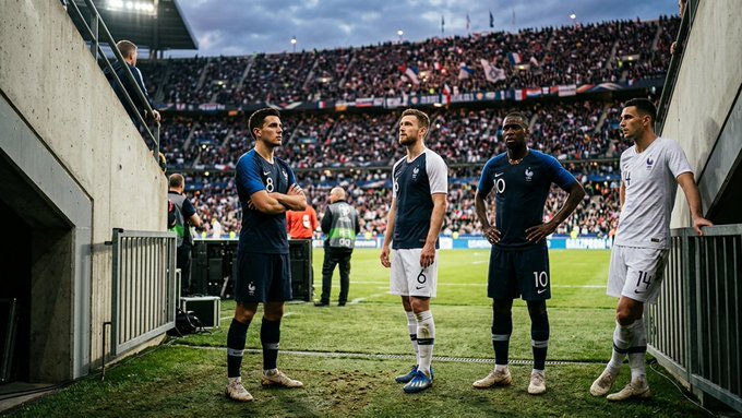 Four soccer players in France national team kits (navy and white) stand at the entrance of a stadium tunnel, looking out onto the field with a packed crowd in the stands.
