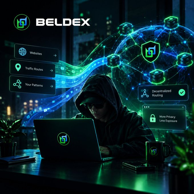 A promotional graphic for BELDEX featuring a hooded figure at a laptop against a futuristic cityscape, highlighting 'Websites,' 'Traffic Routes,' 'Your Patterns,' 'Decentralized Routing,' and 'More Privacy, Less Exposure.'