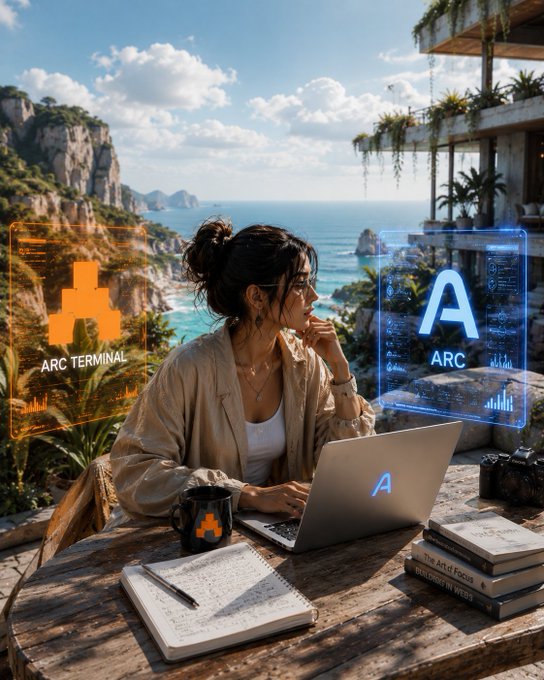 In this image, a woman is sitting at a table with her laptop open in front of her. She has several books and papers around her workspace, suggesting that she might be working on a project or studying. The scene takes place outdoors, possibly near a beach or other scenic location, as indicated by the presence of palm trees in the background.