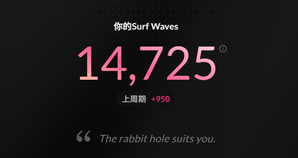 A dark dashboard display shows Surf Waves ('你的Surf Waves') totaling 14,725, up 950 from the previous cycle, with the tagline 'The rabbit hole suits you.'