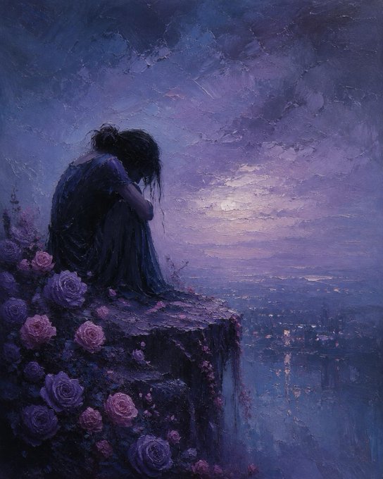 A moody purple-toned painting of a cloaked figure sitting on a rose-covered cliff overlooking a distant city at night.