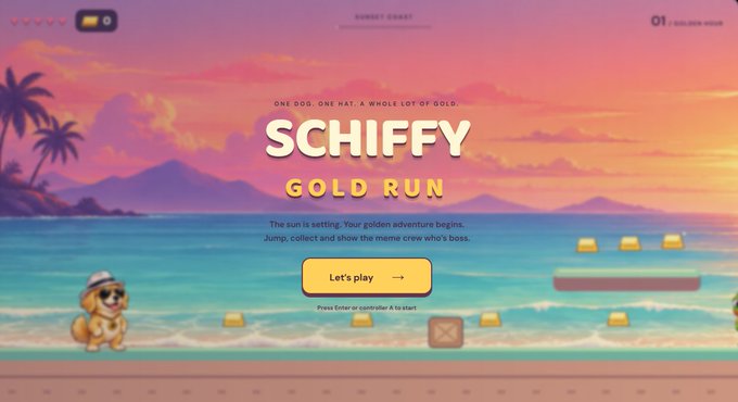 A vibrant title screen for a game called 'SCHIFFY GOLD RUN' featuring a dog character wearing sunglasses and a hat on a tropical beach at sunset, with a 'Let's play' button and the tagline 'ONE DOG, ONE HAT, A WHOLE LOT OF GOLD.'
