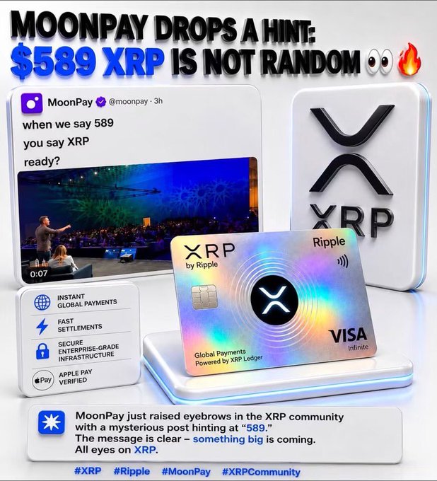 A promotional crypto graphic with text 'MOONPAY DROPS A HINT: $589 XRP IS NOT RANDOM', showing a MoonPay tweet, a holographic XRP Visa card, and an XRP logo.