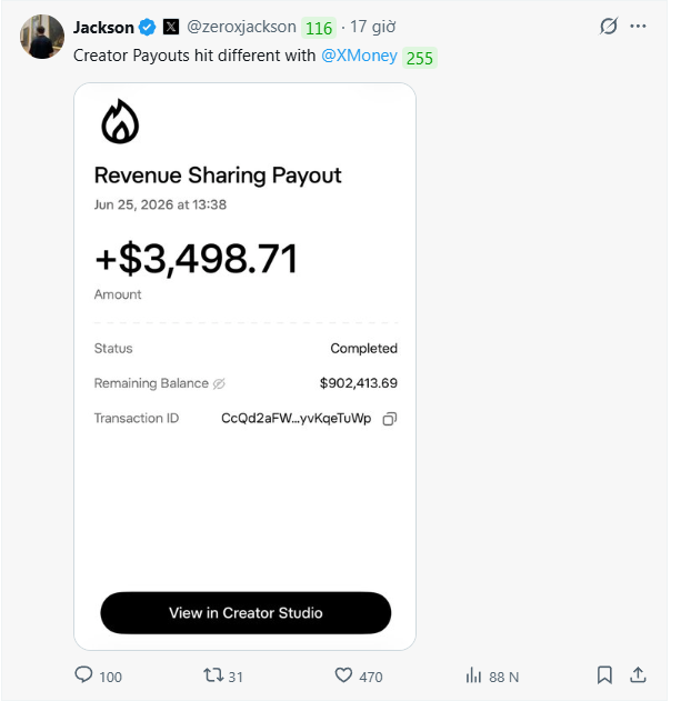 A screenshot of a tweet by Jackson (@zeroXjackson) showing a Revenue Sharing Payout receipt of +$3,498.71 from @XMoney dated June 25, 2026, with a remaining balance of $902,413.69 and 100 replies, 31 reposts, 470 likes, and 88K views. The image illustrates the smooth creator payout experience that the poster references as a preview of PayX's upcoming bank-free, sleeker interface.