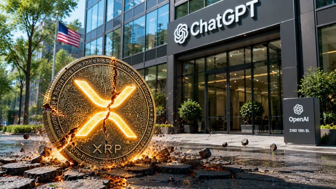 The image features a large, damaged Bitcoin coin with a cracked X on top of it, sitting on a sidewalk outside a building. The text in the image reads "ChatGPT users can now access direct $XRP purchase flows through MoonPay integration, making it easier for millions to discover XRPL and buy crypto instantly." This suggests that the Bitcoin coin has been damaged or destroyed, possibly due to an accident or vandalism, and is now being used as a means of payment. The post promotes the use of XRP, a cryptocurrency, which can be easily purchased through MoonPay integration, allowing users to quickly and securely transfer funds using the Bitcoin coin.