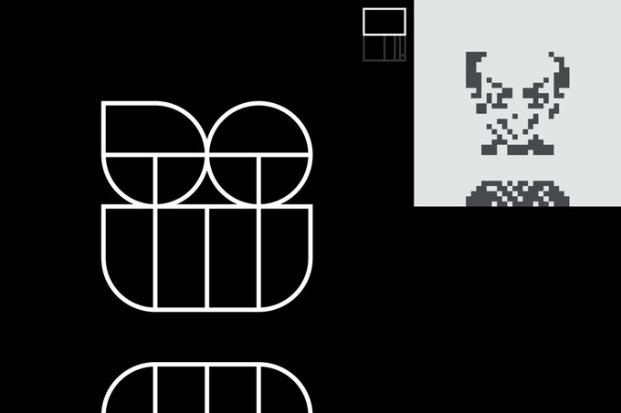 A minimalist black background with white geometric line art forming abstract shapes, alongside a pixelated grayscale image of a creature or face in the upper right corner.