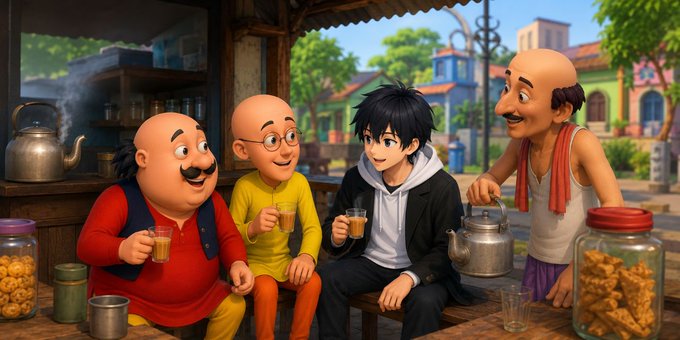 A 3D-rendered, cartoon-style scene shows four characters, including an anime-styled youth and three bald, mustache-sporting men, drinking tea around a wooden table at a roadside chai stall.