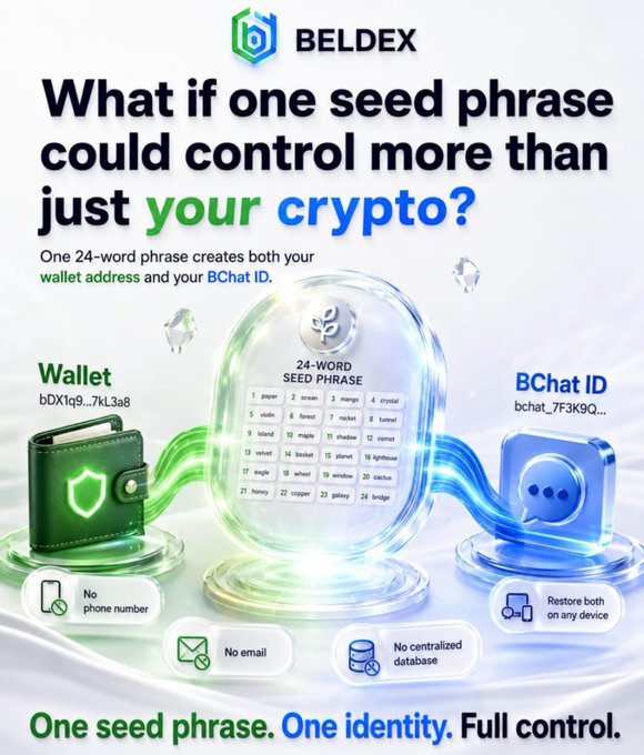 Beldex promotional graphic asking 'What if one seed phrase could control more than just your crypto?' highlighting their 24-word seed phrase system that creates both a wallet address and BChat ID with no phone or email required.