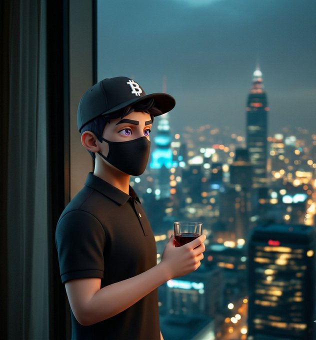 A 3D-rendered character wearing a black cap, black face mask, and black polo shirt stands by a window overlooking a vibrant city skyline at night, holding a glass of red wine.