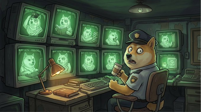 An illustrated Shiba Inu dog dressed as a security guard sits at a desk, holding a coffee cup while monitoring a wall of CCTV feeds displaying other dogs.