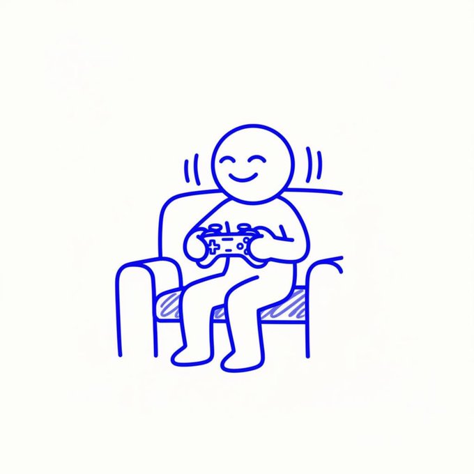 A simple blue line drawing on a cream background shows a smiling stick figure sitting on a couch holding a game controller with motion lines around the head.