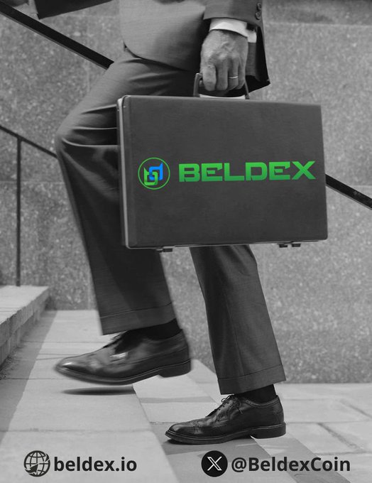 A businessman in a suit ascends stone steps carrying a black briefcase displaying the "BELDEX" logo and website beldex.io, with the X handle @BeldexCoin below—symbolizing the launch of the new Beldex Bridge and the seamless, secure cross-chain movement of BDX tokens into the next phase of interoperability.
