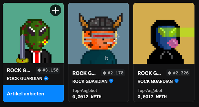 Three pixel art NFT avatars labeled 'ROCK GUARDIAN' are displayed for sale, showing a reptilian character with a sword, a viking with a horned helmet, and a hooded figure with a pink bubblegum bubble; prices are listed in WETH.