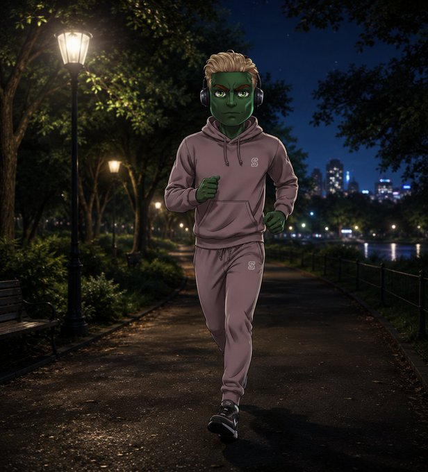 A digital illustration of a green-skinned character wearing a pink tracksuit and headphones, jogging through a park at night with city lights in the background.