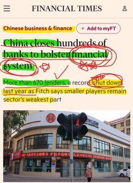 A Financial Times article screenshot with the headline 'China closes hundreds of banks to bolster financial system,' annotated with red circles and arrows.