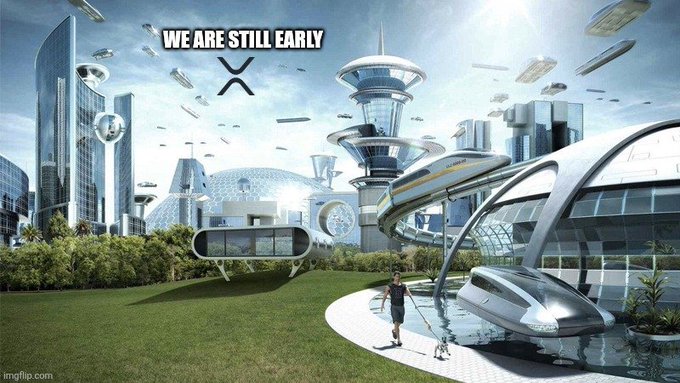 A futuristic cityscape illustration featuring sleek skyscrapers, flying vehicles, and curved monorail-like structures with the text "WE ARE STILL EARLY" overlaid above an XRP logo.