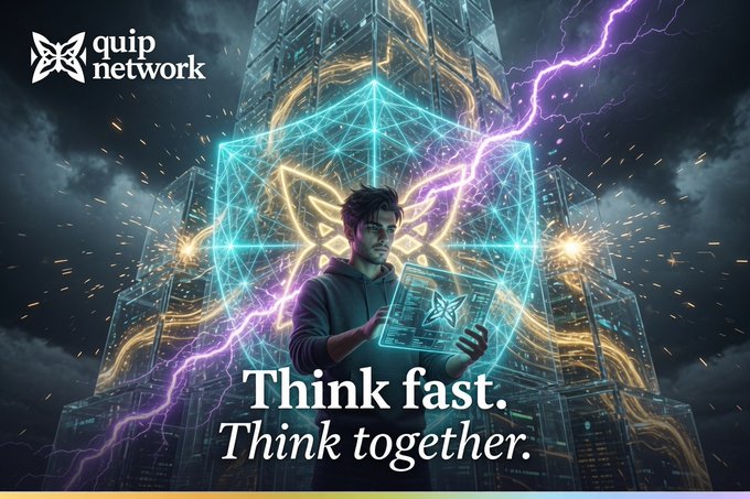 Promotional poster for 'Quip Network' featuring a figure working on a holographic computer against a fantasy backdrop with the tagline 'Think fast. Think together.'