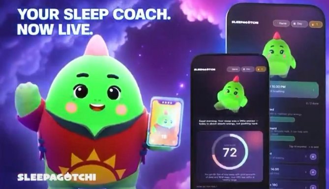 An advertisement for 'SLEEPAGOTCHI' reads 'YOUR SLEEP COACH. NOW LIVE.' and features a green, dinosaur-like mascot character alongside smartphone screenshots of the sleep tracking app.