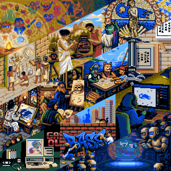 A pixel art collage depicting humanity's evolution from cave paintings to modern gaming and digital art displays the text "FACTORY RESET" and "BLOB" alongside graffiti, historical figures, and futuristic scenes. The mosaic of images across different eras of art and technology aligns with the "Day #1095: Basepaint Through the Ages" theme, celebrating 3 years of creative artistic progression on the blockchain minting platform basepaint.xyz.