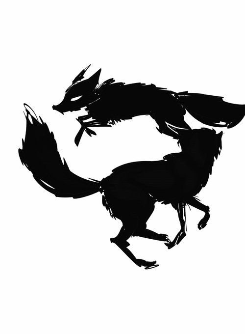 Black silhouette artwork of two foxes, one leaping over the back of another.