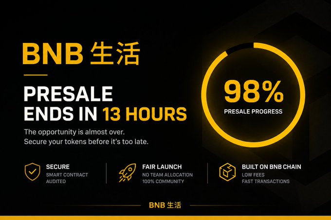 A promotional graphic for 'BNB 生活' showing 'PRESALE ENDS IN 13 HOURS' with a circular progress indicator at 98%, highlighting features like 'SECURE SMART CONTRACT AUDITED', 'FAIR LAUNCH', and 'BUILT ON BNB CHAIN'.