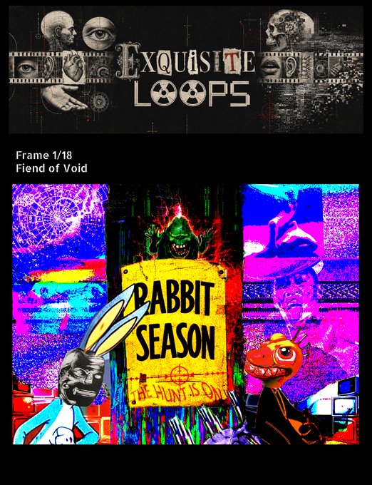 A dark webpage header reads 'Exquisite Loops' with 'Frame 1/18 - Fiend of Void', displaying a vibrant, glitchy collage featuring 'Rabbit Season' text and distorted character figures.