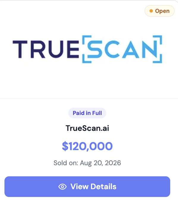 The image shows a transaction card displaying the sale of TrueScan.ai for $120,000 on August 20, 2026, marked as "Paid in Full" with a "View Details" button. It visually confirms the post's announcement of the domain's sale, highlighting the TrueScan.ai logo and the substantial $120,000 sale price alongside the domain name.