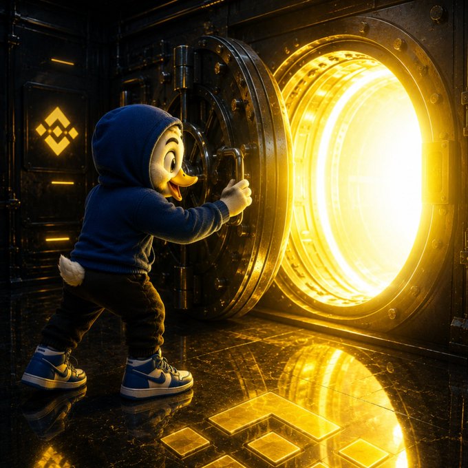 A duck character in a blue hoodie and sneakers enthusiastically opens a massive vault door, revealing a glowing golden light inside. The Binance logo on the wall and the caption's reference to "BNB is Vault" reinforce the image's theme of BNB (Binance Coin) as a securely stored, valuable digital asset.