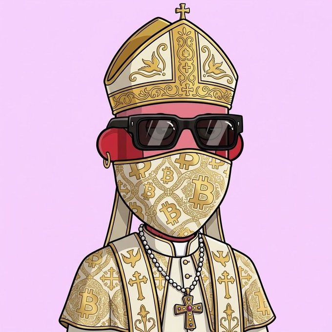 A pope-like cartoon figure wears a golden mitre, sunglasses, and robes adorned with Bitcoin symbols and crosses, along with a beaded necklace featuring a cross pendant, set against a light purple background—juxtaposing traditional religious iconography with cryptocurrency culture to fit a "gm nfts" vibe.