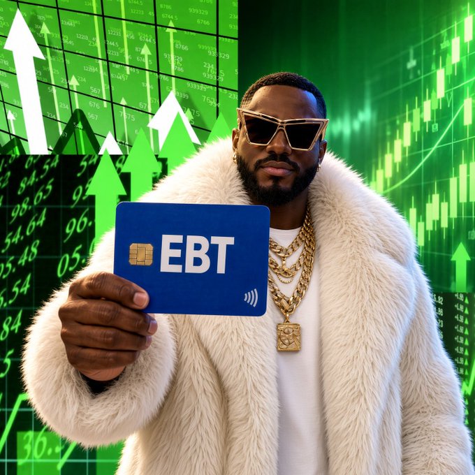 A man wearing sunglasses and a fur coat holds a blue 'EBT' card against a green background showing stock market charts with rising arrows.