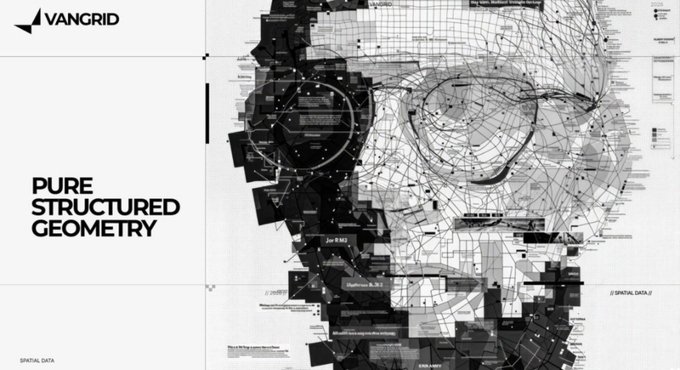 A graphic titled 'VANGRID' and 'PURE STRUCTURED GEOMETRY' showing a face composed of digital network lines and spatial data points.