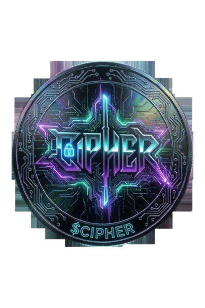 A circular cyberpunk-style emblem featuring the word "CIPHER" in futuristic, neon-lit lettering with a padlock icon, surrounded by circuit board patterns and the text "$CIPHER" at the bottom.