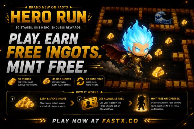 A promotional graphic for 'BRAND NEW ON FASTX' featuring 'HERO RUN', advertising 'PLAY. EARN FREE INGOTS. MINT FREE.' with a blue-haired cartoon warrior character and instructions to visit 'FASTX.CO'.