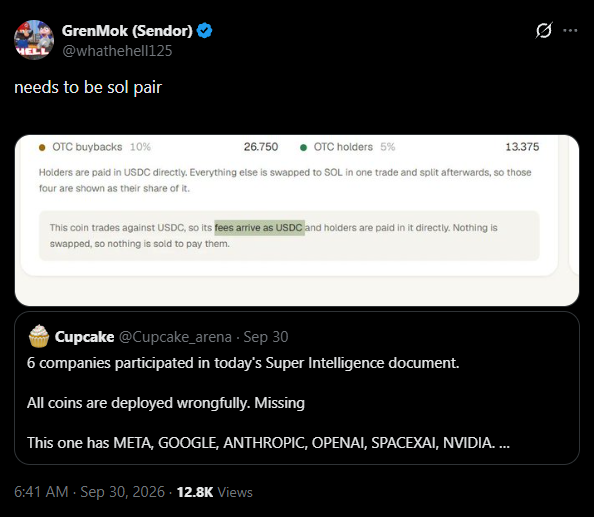 A tweet from GrenMok (@whathell125) stating 'needs to be sol pair' above a quoted message about OTC buybacks and a reply from Cupcake (@Cupcake_arena) about Super Intelligence.