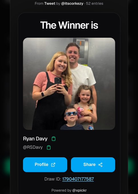 A Twitter/X screenshot showing a giveaway winner announcement from @itscorkezy with a family photo, declaring 'Ryan Davy @RSDavy' as the winner, powered by xpickr.