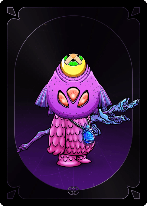 An illustrated tarot-style card on a dark purple background depicts a pink fish-like creature wearing a yellow helmet, with glowing orange eyes and a blue tag labeled 'GG' around its neck.