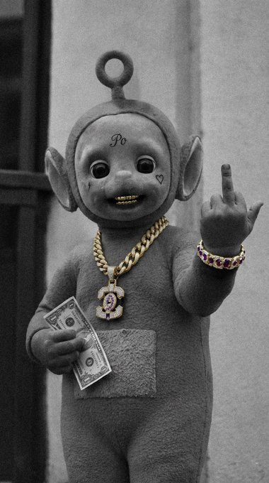 A black-and-white image shows a Teletubbies Po figure adorned with a gold chain, jeweled bracelet, and gold teeth, while holding cash and flashing a middle finger—visually embodying the post's "Gm frens, all about the GUAP" flexing of wealth and attitude. The "Po" text is visible on the character's forehead, with a dollar bill clutched in its other hand.