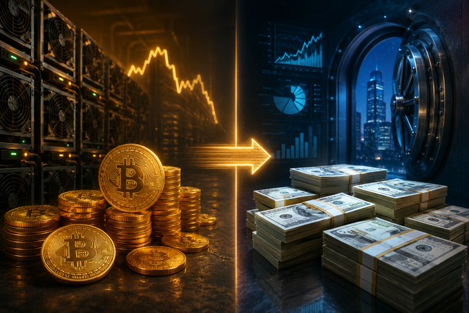 A graphic showing the transition from cryptocurrency (stacks of gold Bitcoin coins next to mining rigs and a falling chart) on the left to stacks of US dollar bills on the right, connected by a glowing arrow.