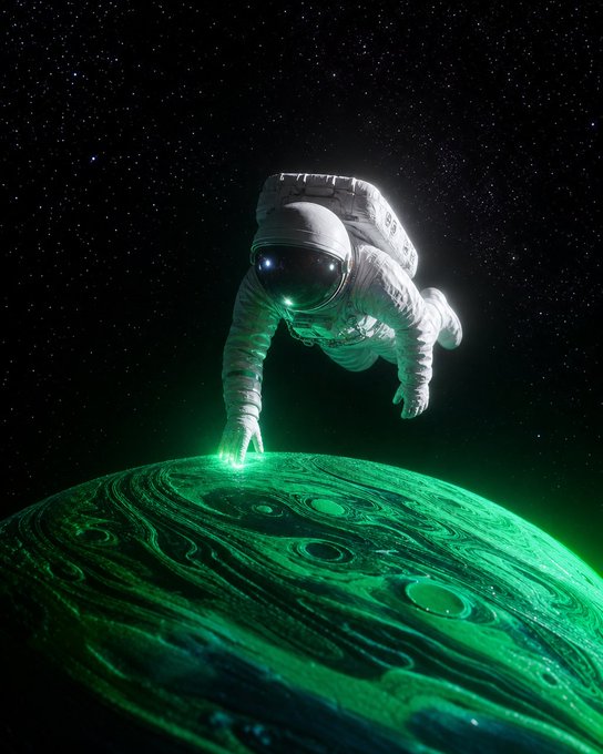 An astronaut floats above a vivid green, swirling planet in starry space, reaching out to touch its glowing surface—a perfect visual for tagging that ambitious friend who's ready to aim beyond earthly dips and explore cosmic flavors.