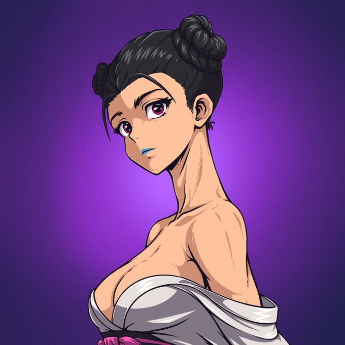 An illustration shows a dark-haired woman with a top knot, blue lipstick, and a white off-shoulder top against a purple background.