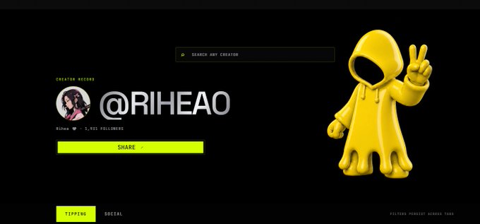 A creator profile page for @RIHEAO with 1,921 followers displaying a search bar, share button, and a yellow 3D hooded figure making a peace sign, which appears to be promoting earning $MOTION tokens through TipFi by being active on X.