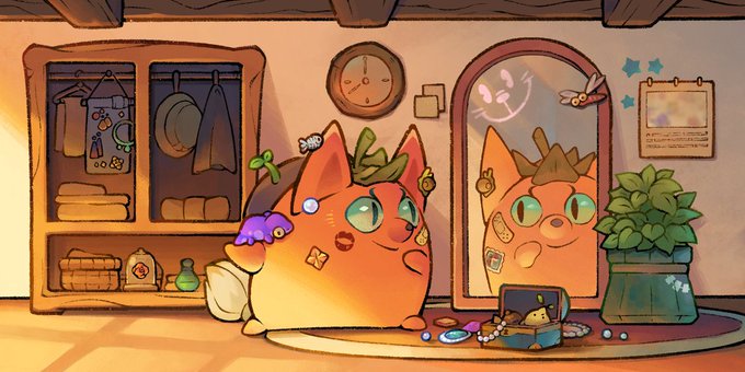 A round orange cat-like Axie admires itself in a mirror while surrounded by various colorful accessories including a shell, leaves, and gems, illustrating the post's message about equipping up to 5 accessories to boost Atia's Flame based on tier and rarity.