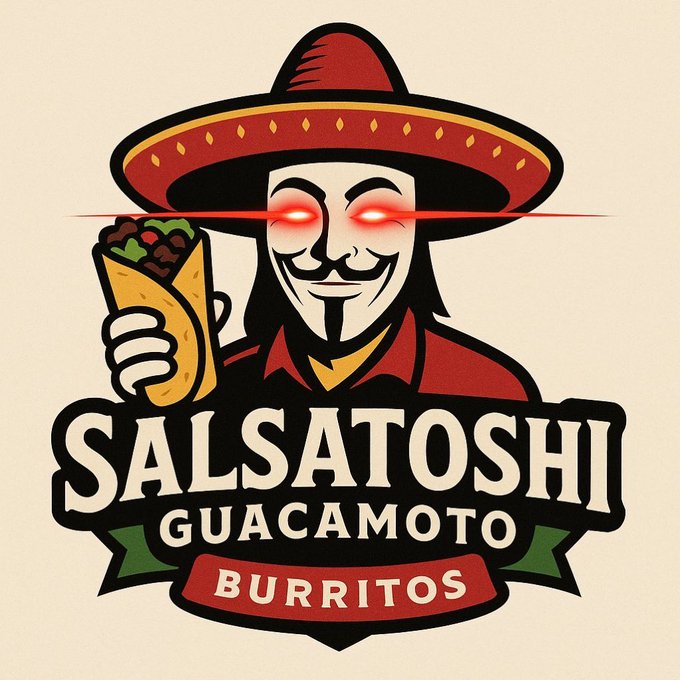A stylized graphic logo featuring a man wearing a sombrero and a Guy Fawkes mask with glowing red eyes, holding a burrito, with text reading 'SALSATOSHI GUACAMOTO BURRITOS'.