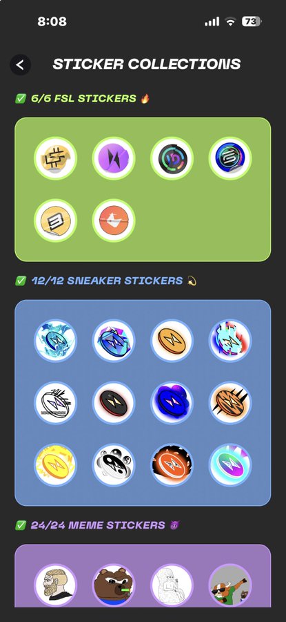The image shows a phone screen displaying a sticker collection app with various stickers of different shapes, sizes, and colors arranged across three vertical columns against a black background. The app has a rating system for each sticker, indicating whether they are good or bad. There is also a description of what the stickers look like in the bottom right corner of the image.