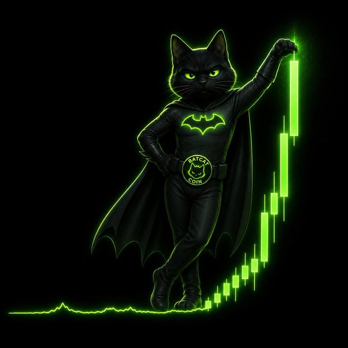 An illustrated Batman-style character with a cat head wearing a black suit with a bat logo, holding up a green candlestick chart that appears to be rising, symbolizing bullish market movement, with a 'BATCH COIN' belt buckle.