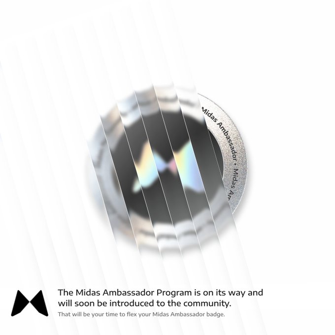 A sleek, partially obscured circular badge engraved with "Midas Ambassador · Midas Am" is displayed against a white background, accompanied by text announcing "The Midas Ambassador Program is on its way and will soon be introduced to the community," teasing the upcoming launch teased in the post.