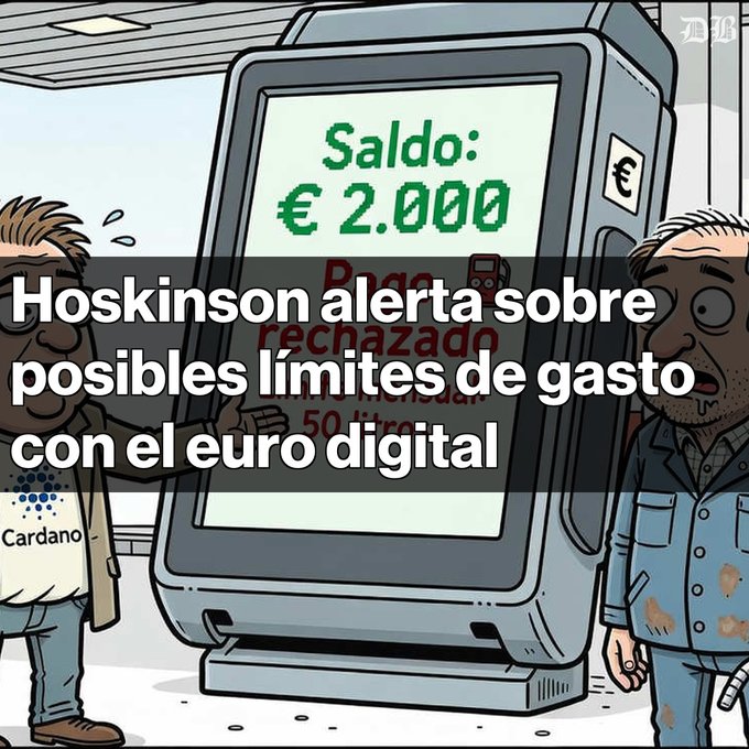 A cartoon illustration shows an ATM displaying 'Saldo: € 2.000' with two worried men, overlaid with the text 'Hoskinson alerta sobre posibles límites de gasto con el euro digital' and a Cardano logo.