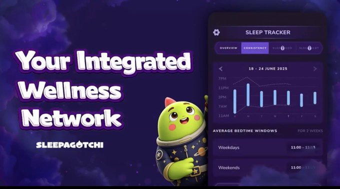 The image promotes Sleepagotchi as "Your Integrated Wellness Network," featuring the green Sleepagotchi mascot in a space suit beside a smartphone displaying a "Sleep Tracker" with consistency data from 16-24 June 2025 and average bedtime windows for weekdays (11:00-11:15) and weekends (11:00). The visual reinforces the post's message about empowering users to own the value of their health data through an integrated ecosystem.